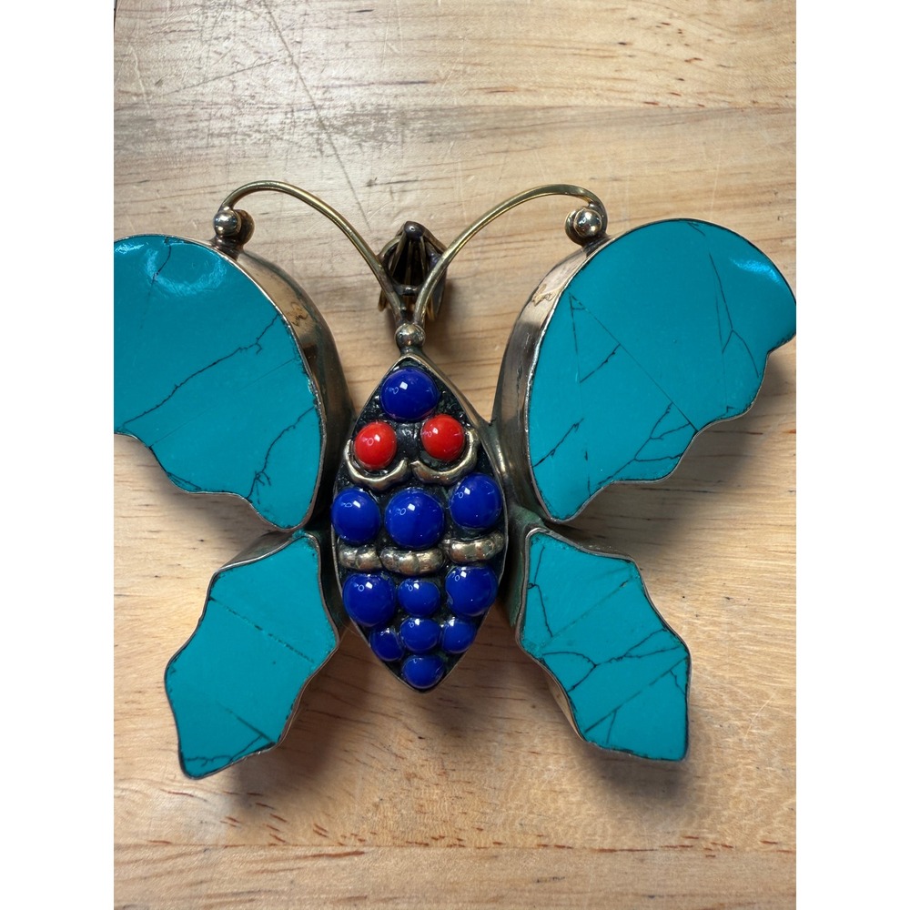 Silver Turquoise Lapis Coral Butterfly Pendant Necklace Southwestern Vintage